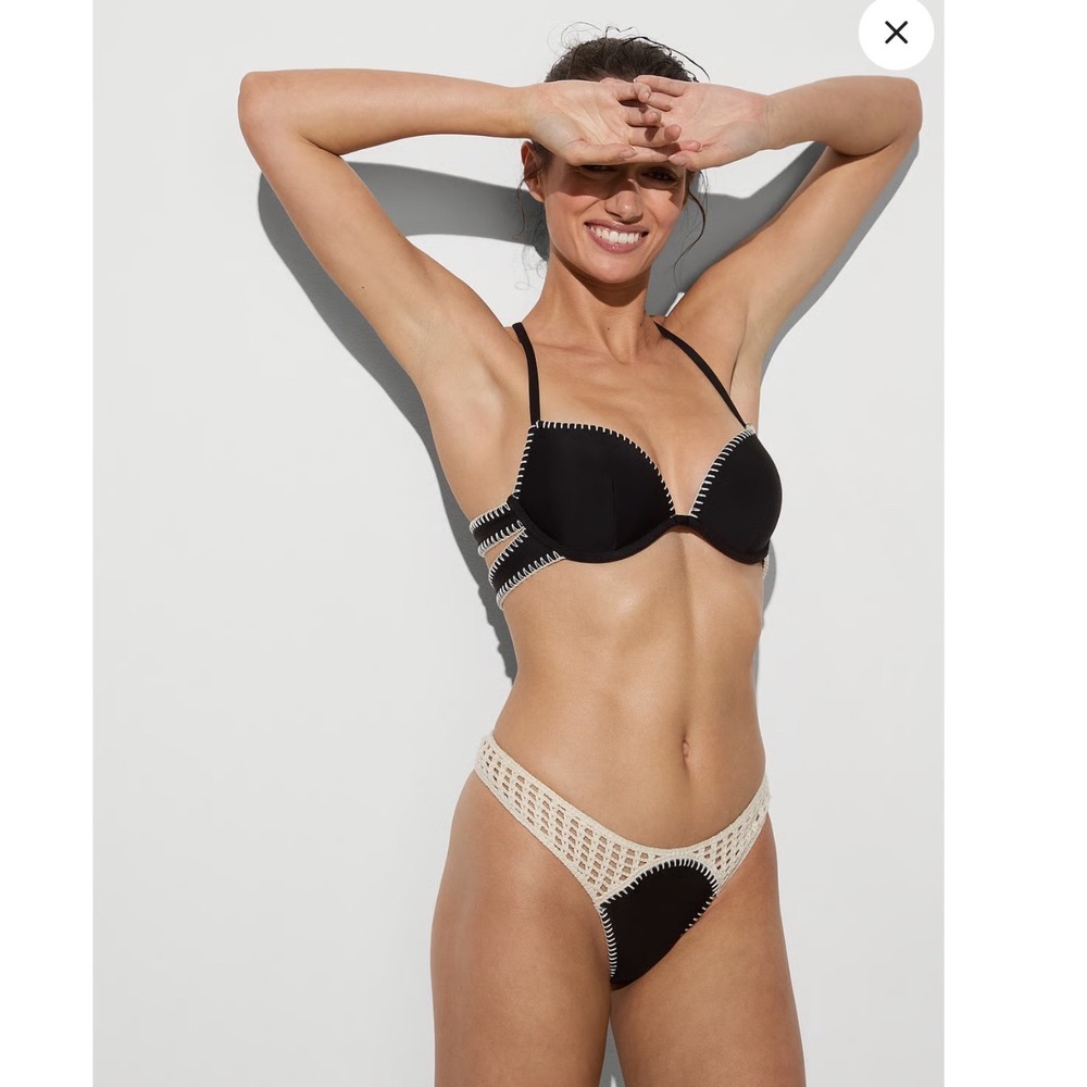 Victorias Secret Crochet Trim Push Up Bikini Set Black Cream 32C M 36012311